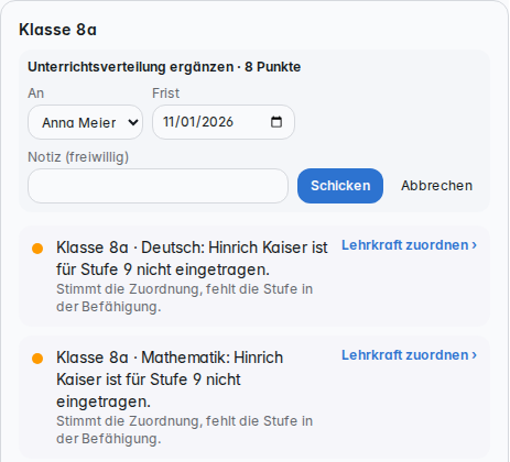 Aufgabe ans Team: Person, Frist und Notiz über der Liste der Punkte