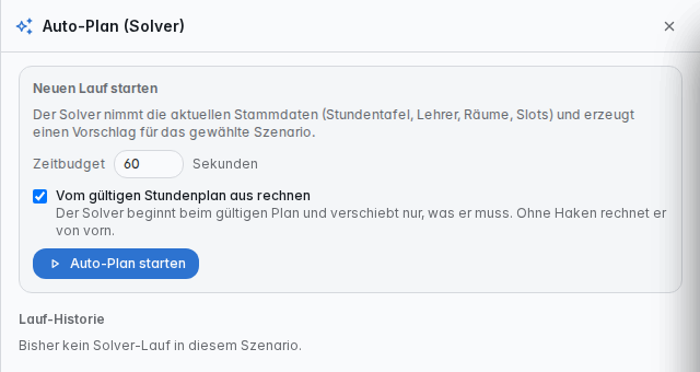 Auto-Plan: Zeitbudget, Haken „Vom gültigen Stundenplan aus rechnen“, Start