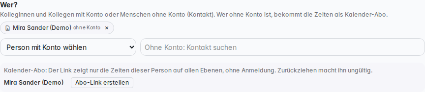 Personen: mit Konto aus der Liste, ohne Konto als Kontakt