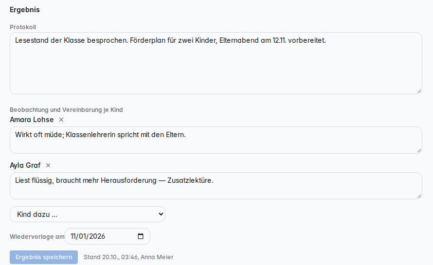Klassenkollegium: Protokoll und Einträge je Kind