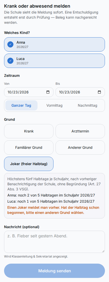 Elternformular mit Joker: zwei Kinder gewählt, je Kind der Rest an Halbtagen, darunter der Hinweis, dass ein Joker vorher gemeldet wird