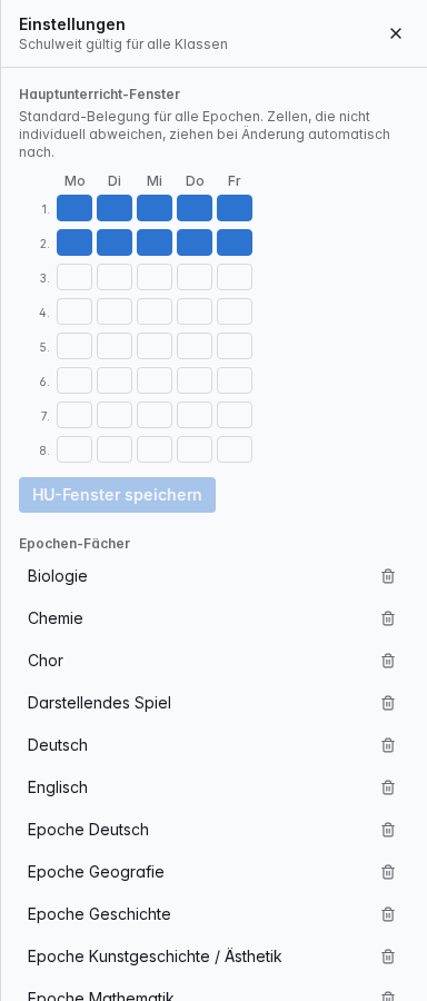 Einstellungen des Epochenplaners: Hauptunterricht-Fenster und Epochen-Fächer