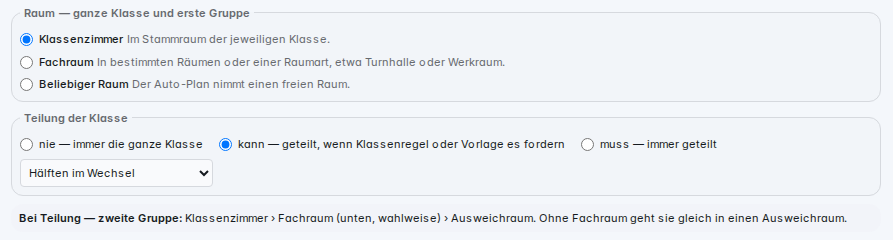 Fach bearbeiten: Klassenzimmer, Teilung „kann“, Reihenfolge für die zweite Gruppe