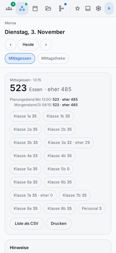 Die Tagesansicht am Handy: 523 Essen · eher 485, die beiden Stände und die Klassen untereinander