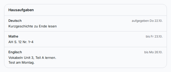 Hausaufgaben für Eltern: Fach, Aufgabe und bis wann