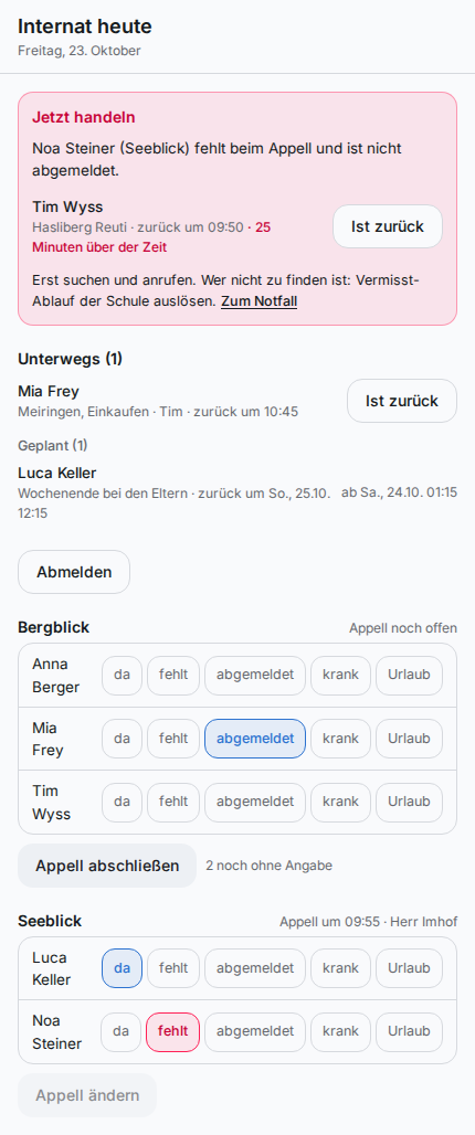Internat heute auf dem Handy: oben „Jetzt handeln“ mit Überfälligen und Fehlenden, darunter Unterwegs, Geplant und der Appell je Wohngruppe