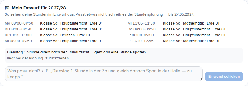 Mein Entwurf: die eigenen Stunden im Entwurf, ein Einwand, das Feld für den nächsten