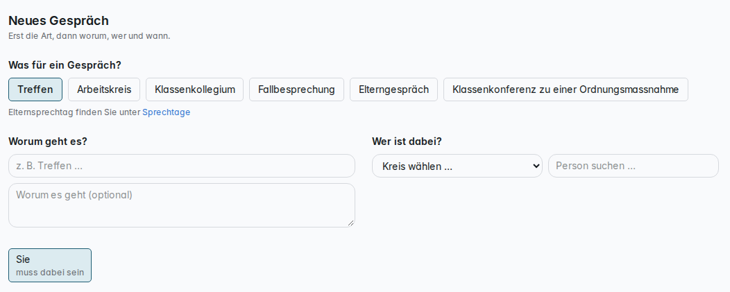Neues Gespräch, Art „Treffen“: links worum, rechts wer