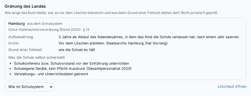 Die Ordnung des Landes am Beispiel Hamburg: Aufbewahrung, Archiv, Grund einer Fehlzeit und was die Schule selbst sicherstellt