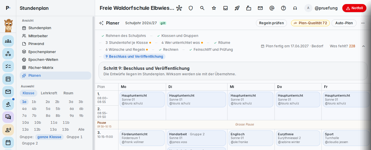 Der Planer: links „Verwaltung“, oben die Werkzeugleiste, in der Mitte die Woche