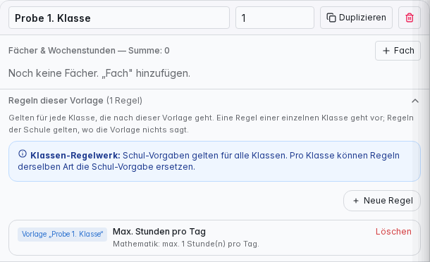 Vorlage mit Abschnitt Regeln dieser Vorlage